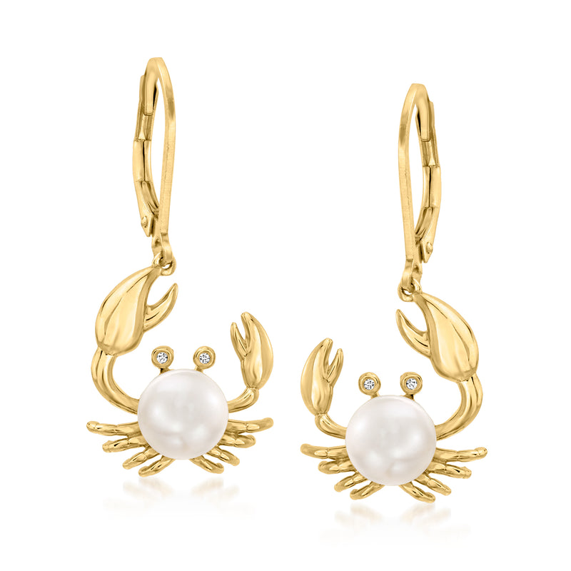 18kt gold over sterling crab drop earrings with 7mm cultured pearl and diamond accents