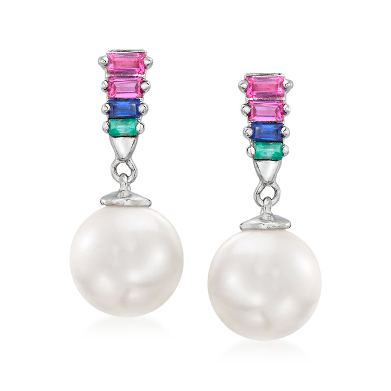 Sterling silver drop earrings with white cultured pearls and pink, blue, green gemstone tops