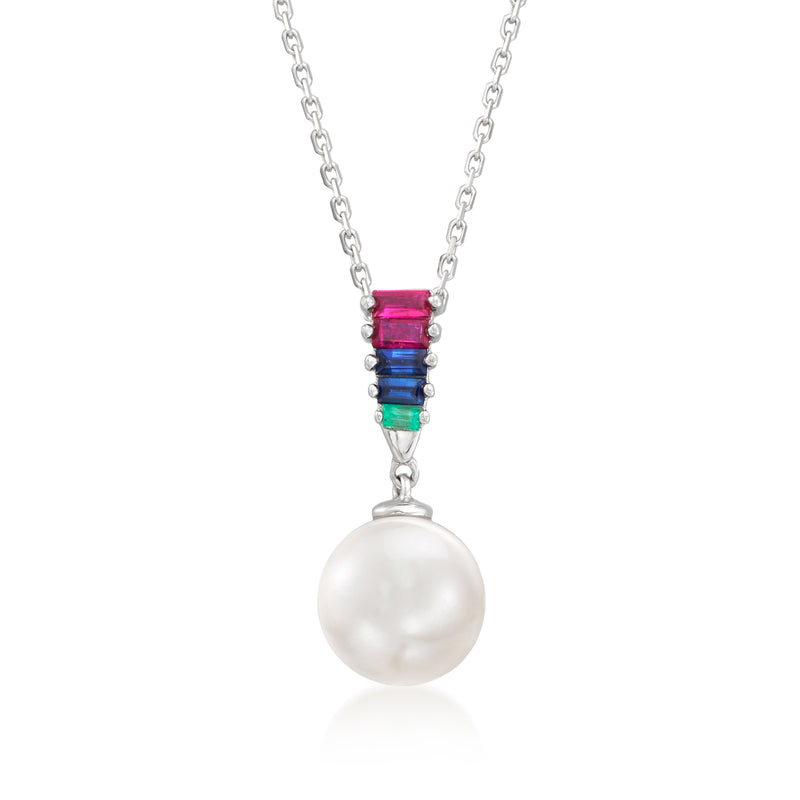 Sterling silver pendant necklace with round cultured pearl and multicolor gemstone bar top