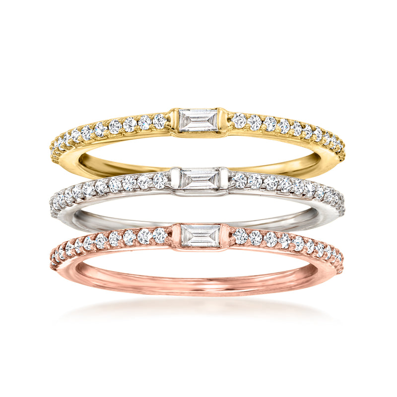 Tri-colored sterling silver diamond ring set: three stacked bands with baguette centers
