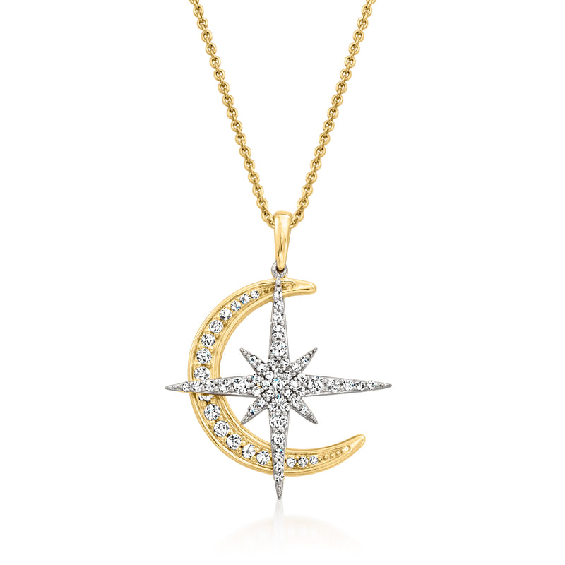 Two-tone sterling silver star and moon pendant necklace with diamond accents, fine chain