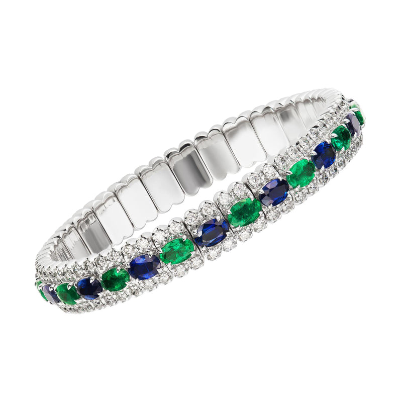 18kt white gold bangle bracelet with emerald, sapphire and diamond accents