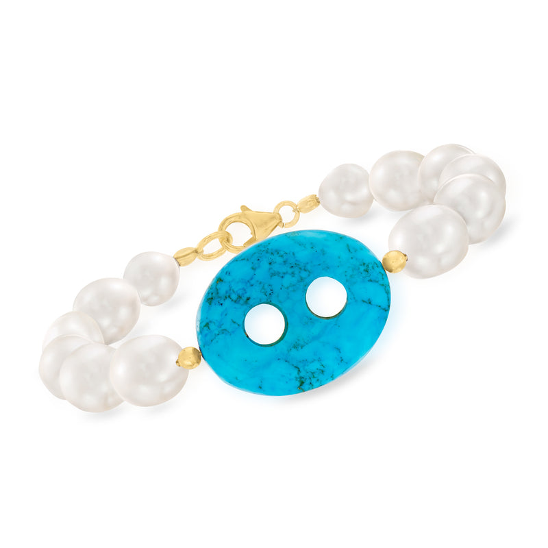 Cultured pearl bracelet with blue howlite oval link and gold-tone accents, stretch style