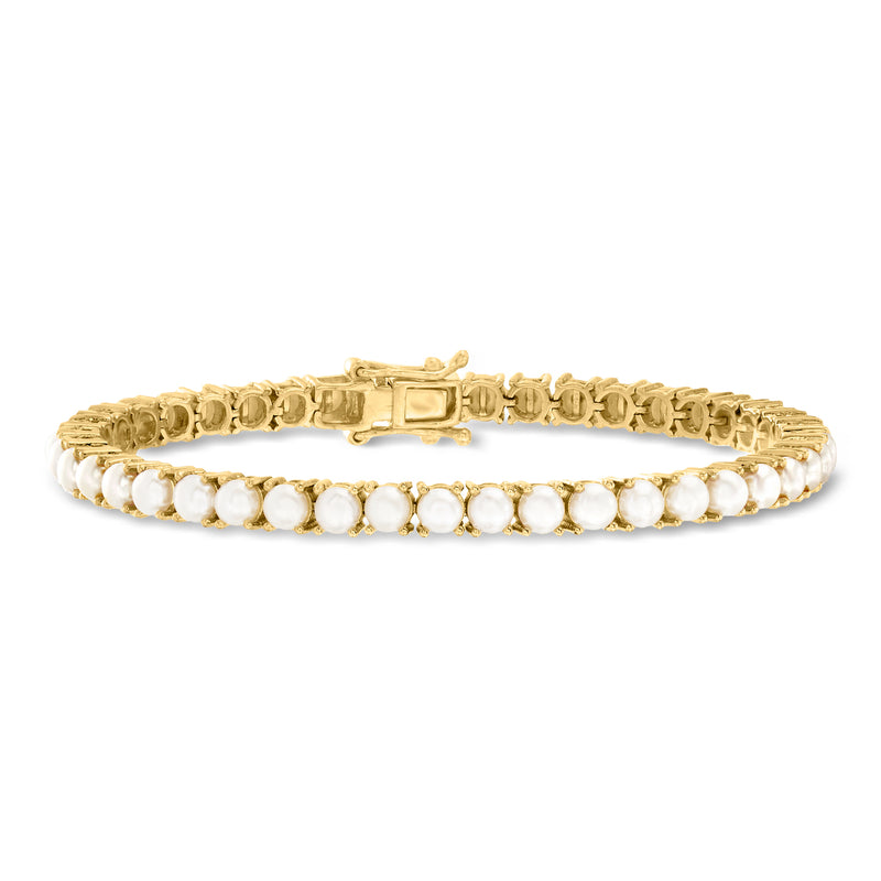 Cultured pearl tennis bracelet with 4mm white pearls and gold over sterling links