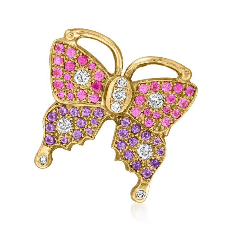 Butterfly pin in yellow gold with pink, purple, and clear stones