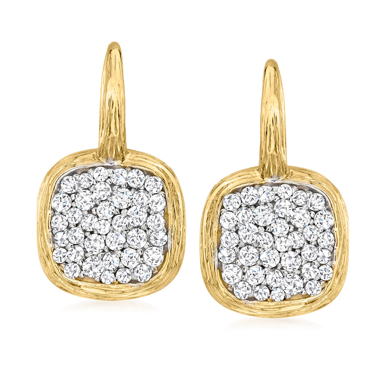 14kt yellow gold diamond drop earrings, cushion cluster, leverback backs