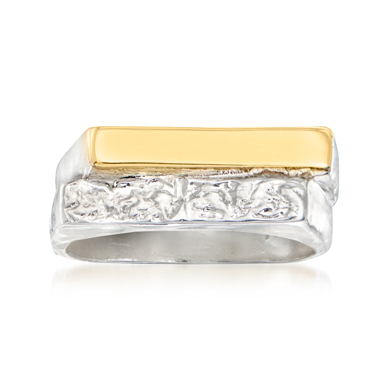 Two-tone sterling silver ring with textured band and yellow gold rectangular top