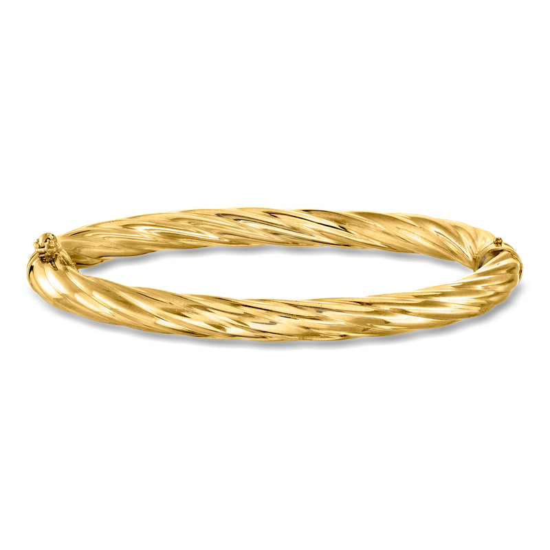 Twisted gold-over-sterling bangle bracelet with rope texture, polished 18k gold finish.