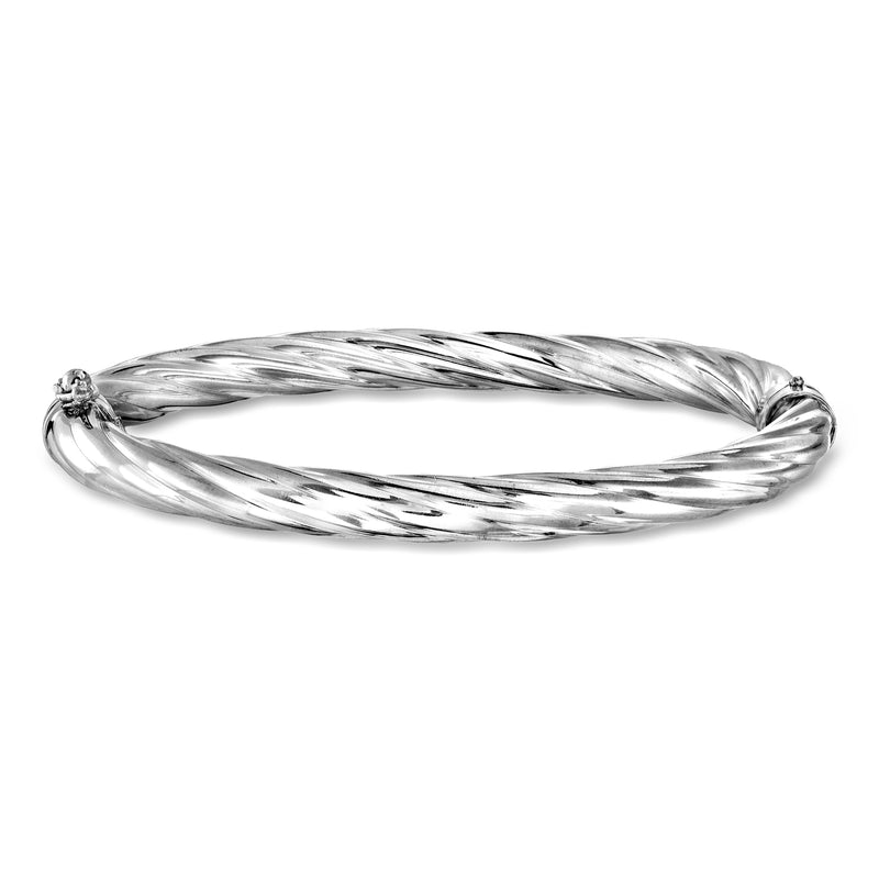 Twisted sterling silver bangle bracelet with ball ends, 6mm wide.