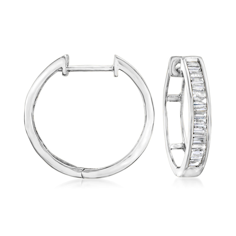 Sterling silver diamond hoop earrings with hinged clasp and baguette-style stones
