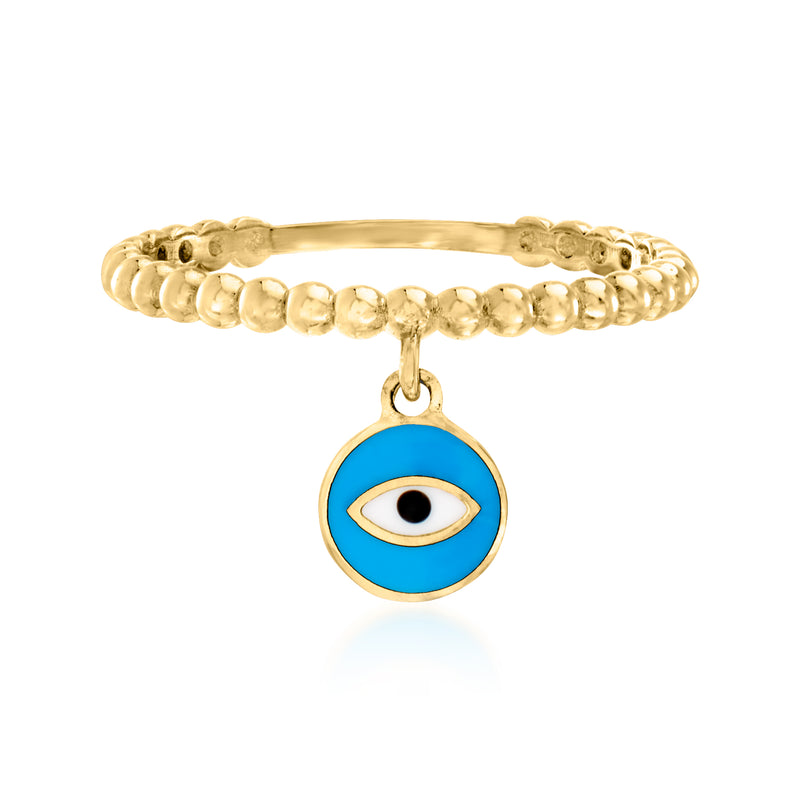 14kt yellow gold evil eye disc charm ring with blue enamel center