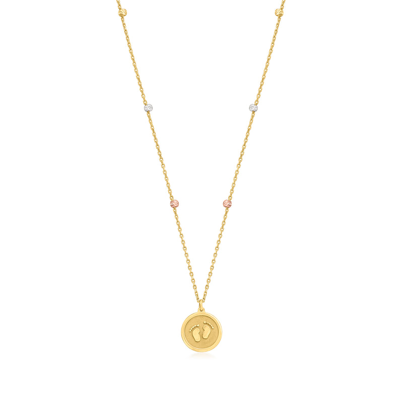 Tri-colored 14kt gold baby feet single-initial pendant on fine chain