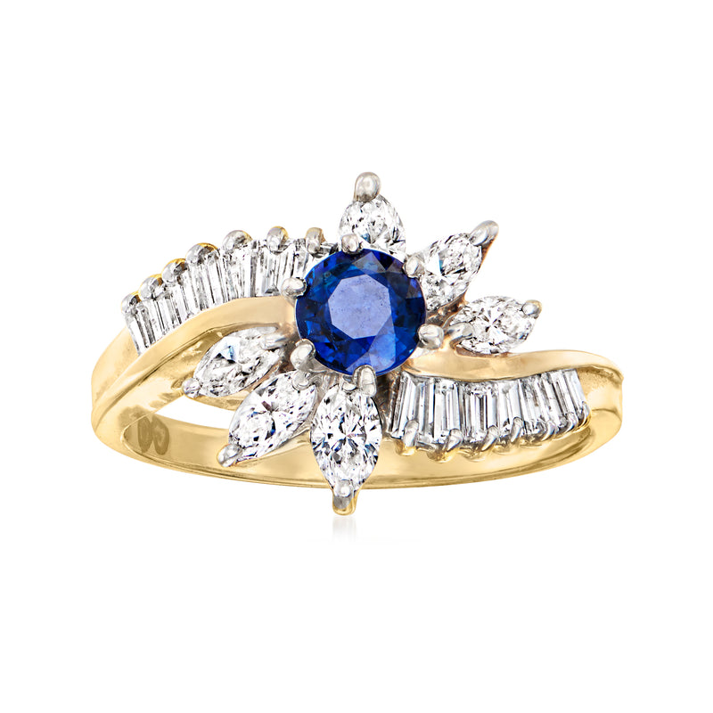 Vintage 14kt yellow gold ring with blue sapphire center and diamond halo