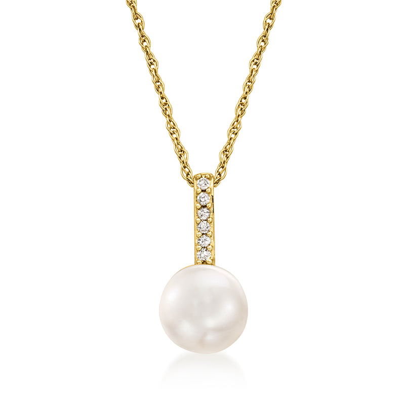 14kt yellow gold necklace with cultured pearl pendant and diamond-set gold bar