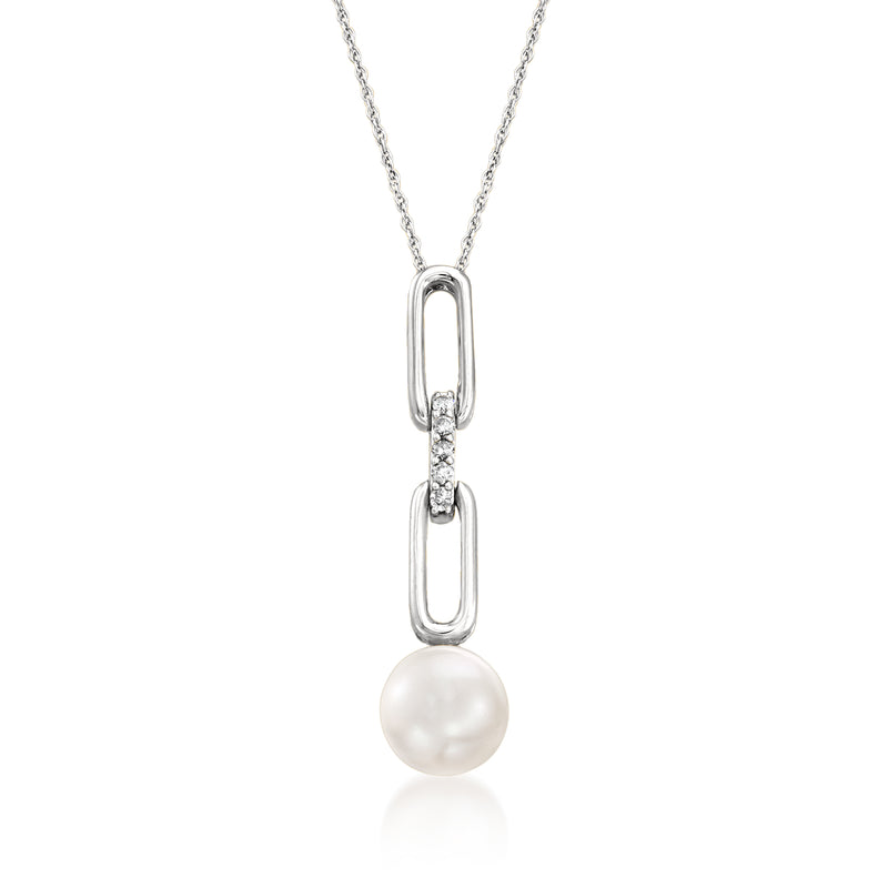 Sterling silver paperclip link pendant necklace with cultured pearl and diamond accents
