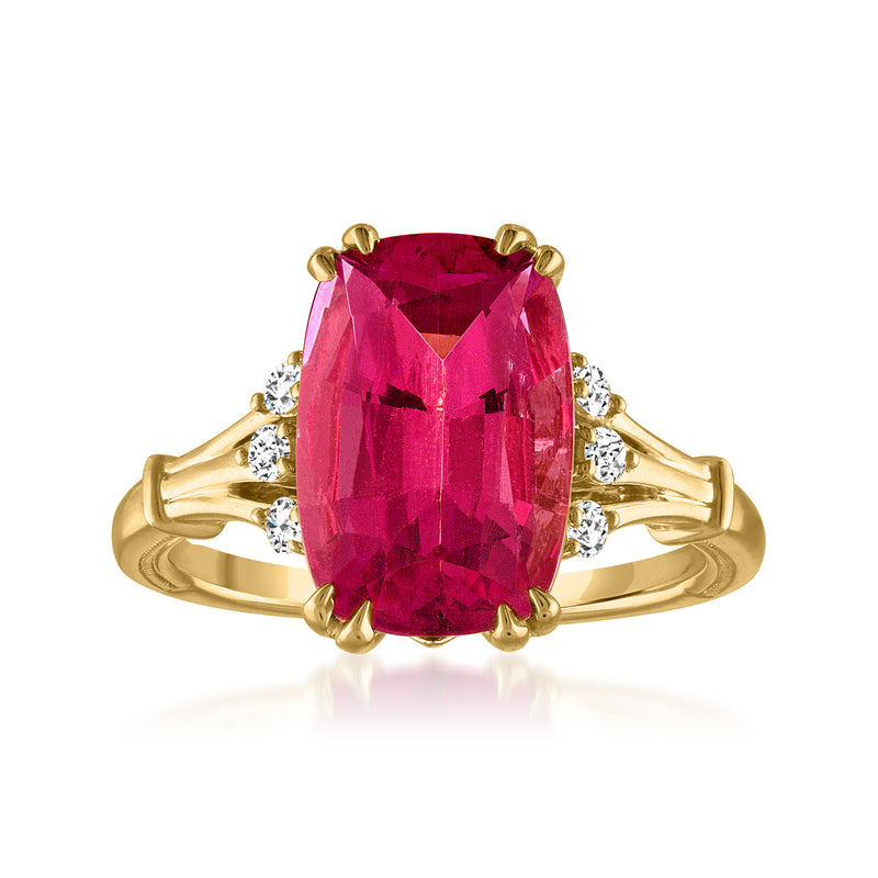 14kt yellow gold ring with oval pink tourmaline center and diamond side accents