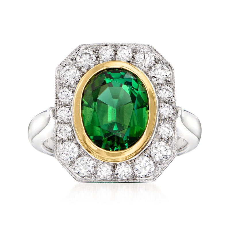 Two-tone gold ring with oval green tourmaline center and diamond halo