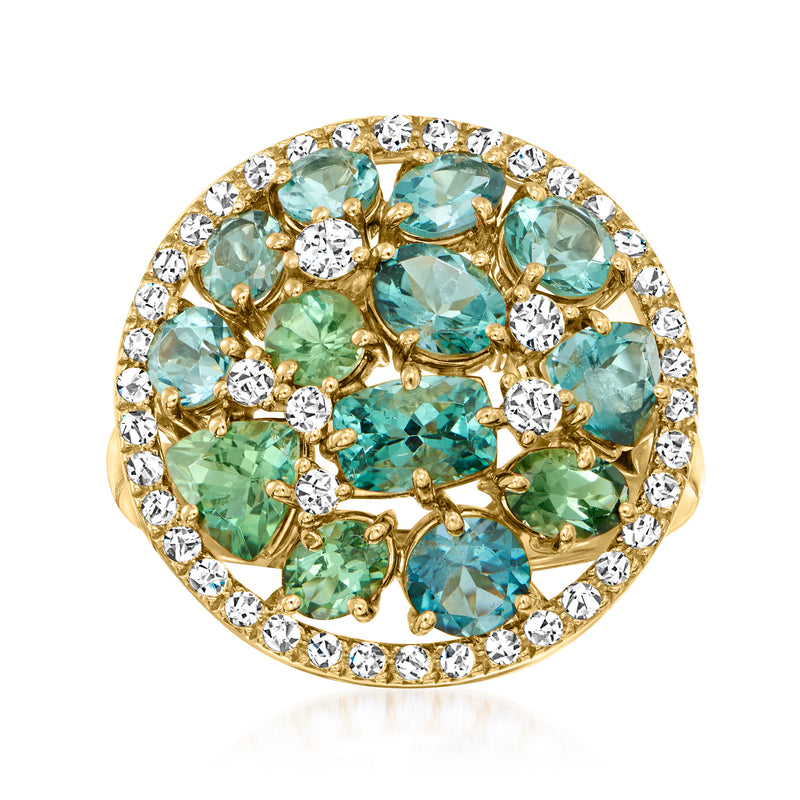 18k yellow gold cluster ring with multicolored blue-green tourmalines and white diamonds