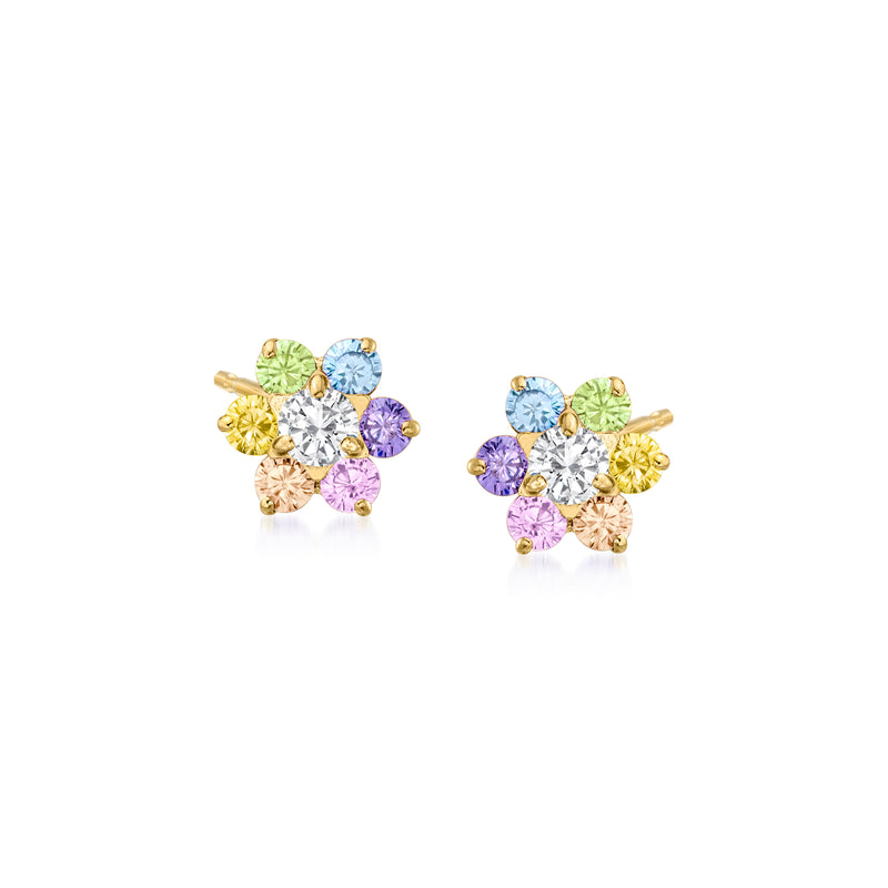 14kt yellow gold CZ flower stud earrings with multicolored stones, post backs