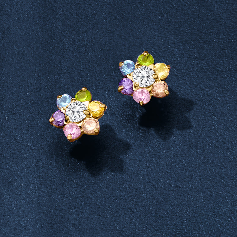 CZ flower stud earrings with multicolored stones and 14kt yellow gold posts