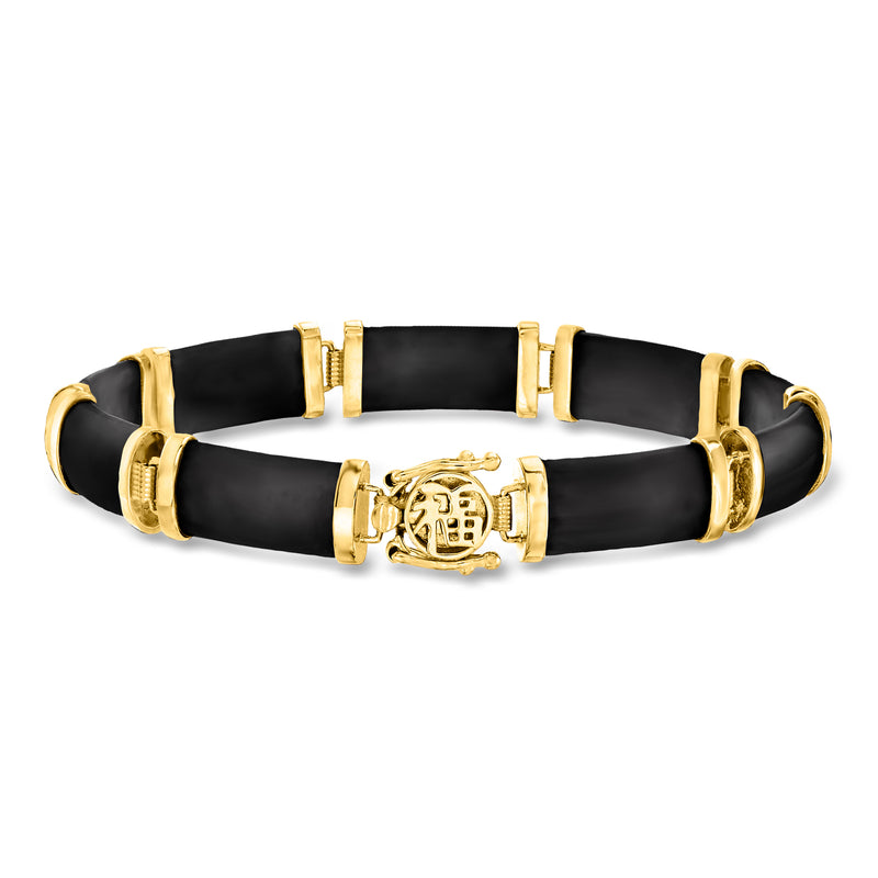 Black agate bracelet with gold-tone links and center fortune-style medallion clasp.