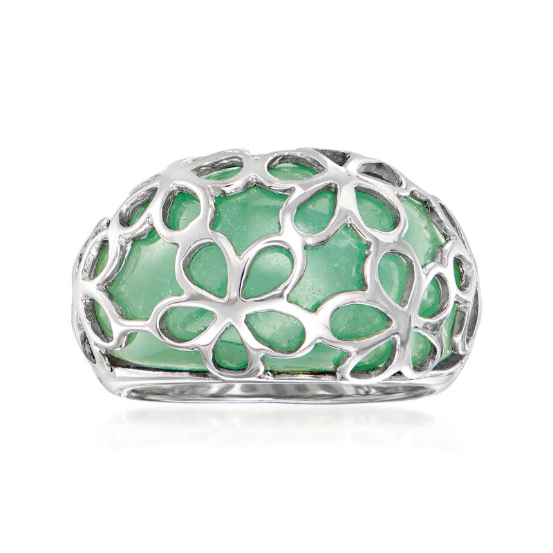 Sterling silver jade flower mosaic ring with green cabochon-style center pieces