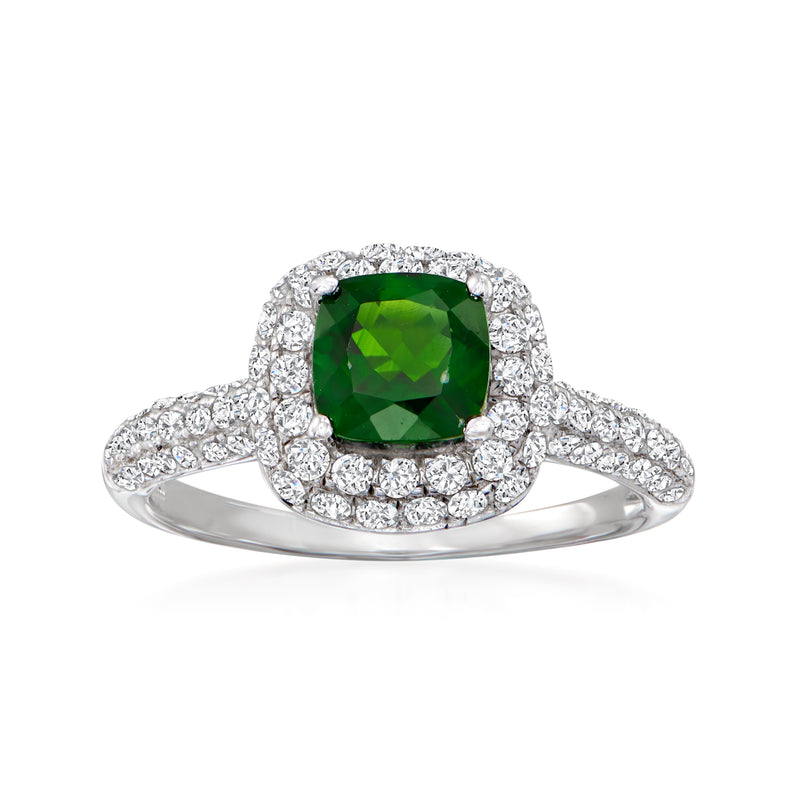 Sterling silver ring with large square green diopside and white zircon halo