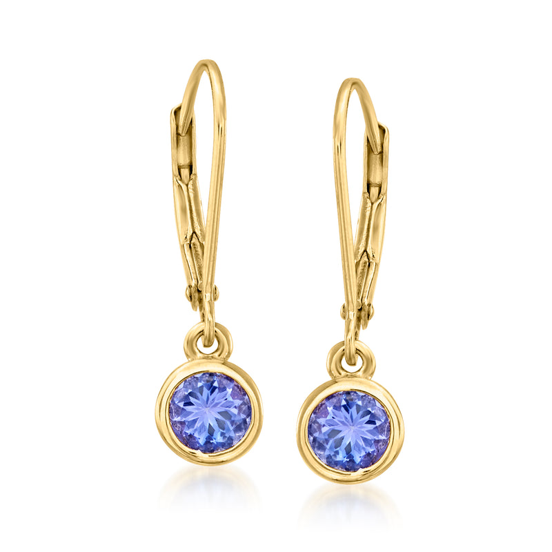 18kt gold over sterling leverback drop earrings with round blue gemstone