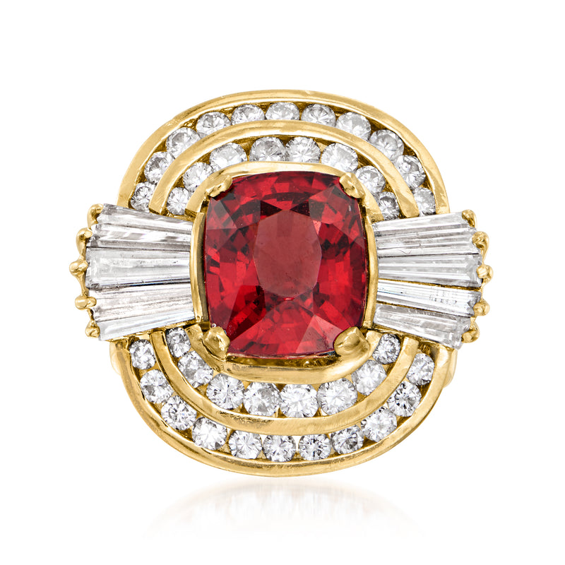 Vintage yellow gold ring with oval red garnet center, diamond halo and baguette sides
