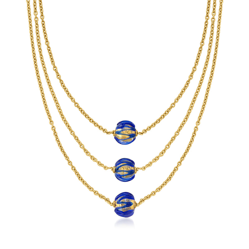 Gold over sterling multi-strand necklace with three blue and gold Murano glass beads