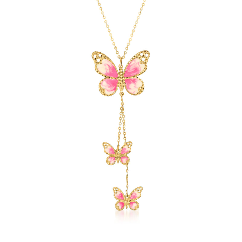 14kt yellow gold butterfly necklace with pink enamel charms on a delicate chain