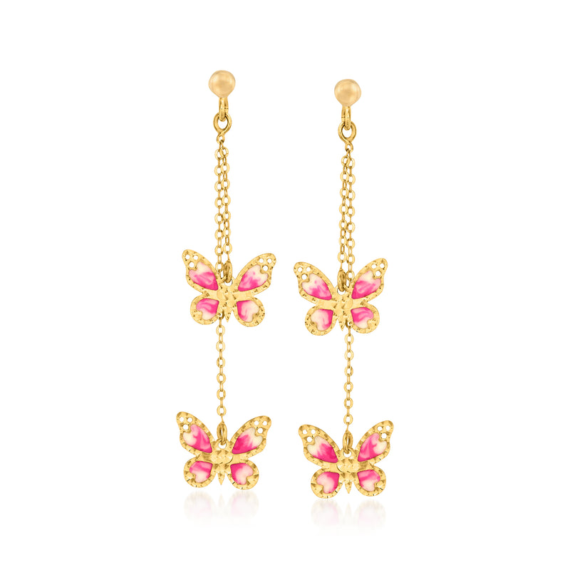14kt yellow gold butterfly drop earrings with pink and white enamel, dangling chain