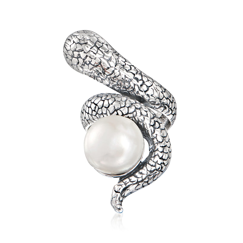 Sterling silver snake ring with round white cultured pearl and textured scale body