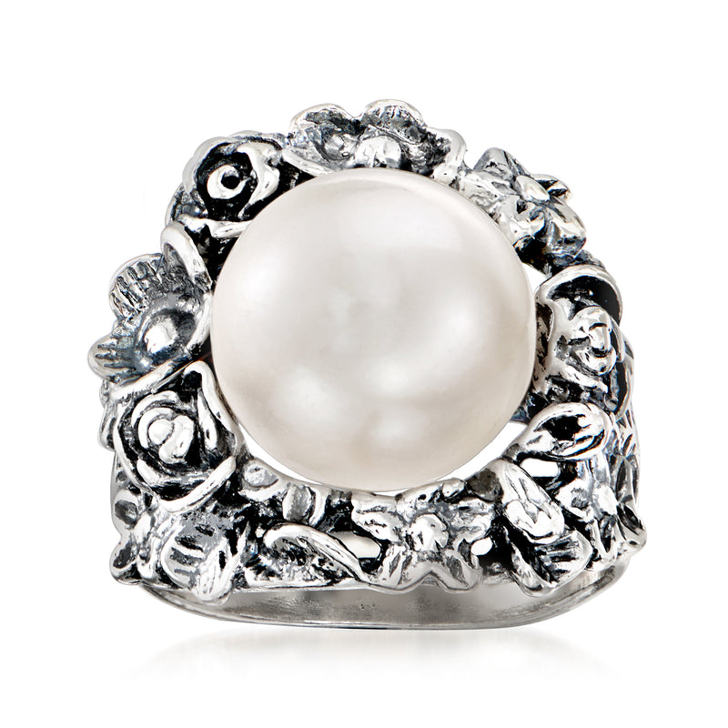 Sterling silver flower ring with a large round cultured pearl centerpiece