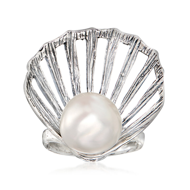 Sterling silver seashell ring with round cultured pearl centerpiece, scalloped ridged band