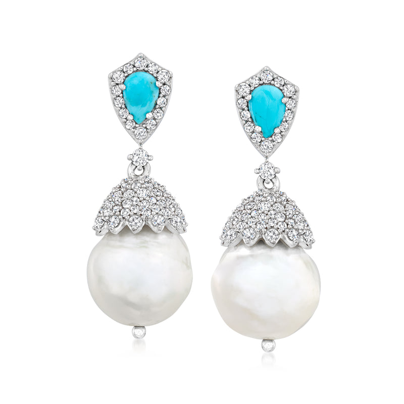 Sterling silver drop earrings with turquoise oval stone, zircon halos, and round white pearl drops
