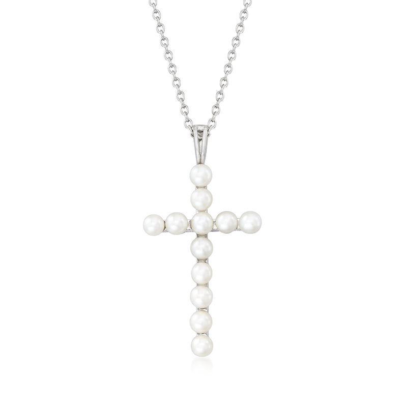 Sterling silver cross pendant necklace with white cultured pearl beads on a chain
