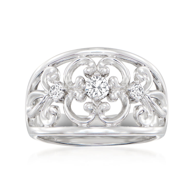 Sterling silver filigree ring with round CZ center and ornate side scroll details