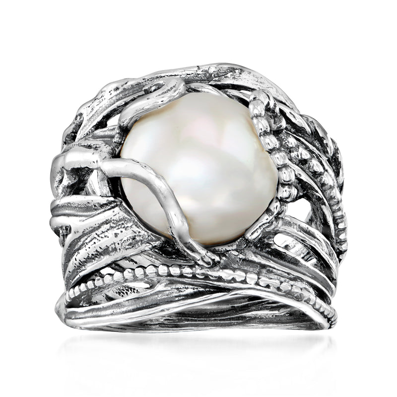 Sterling silver cultured pearl ring with sculpted leaf and bead accents, rounded pearl