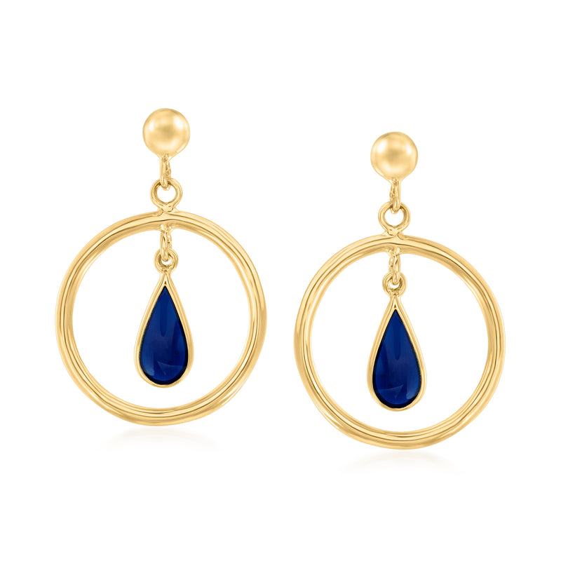 14kt yellow gold circle drop earrings with blue enamel teardrop dangle