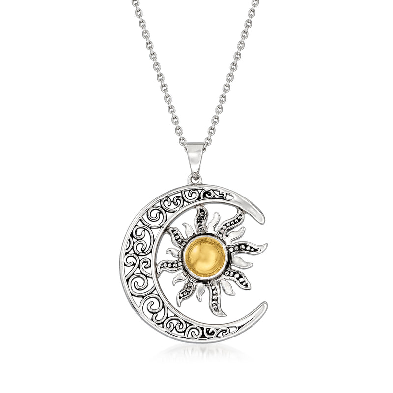 Sterling silver crescent moon pendant with engraved sun and 14kt yellow gold center, on chain
