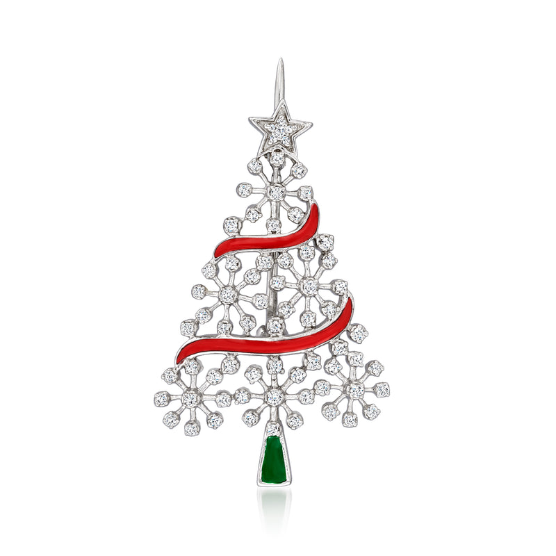 Diamond Christmas tree pin in sterling silver with red enamel bands and green ornament