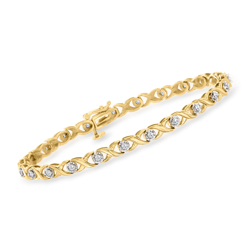 Two-tone sterling silver XO diamond tennis bracelet with round stones in gold and silver