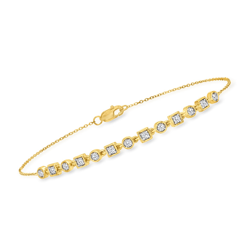 14kt yellow gold geometric diamond bracelet with square and round diamond accents