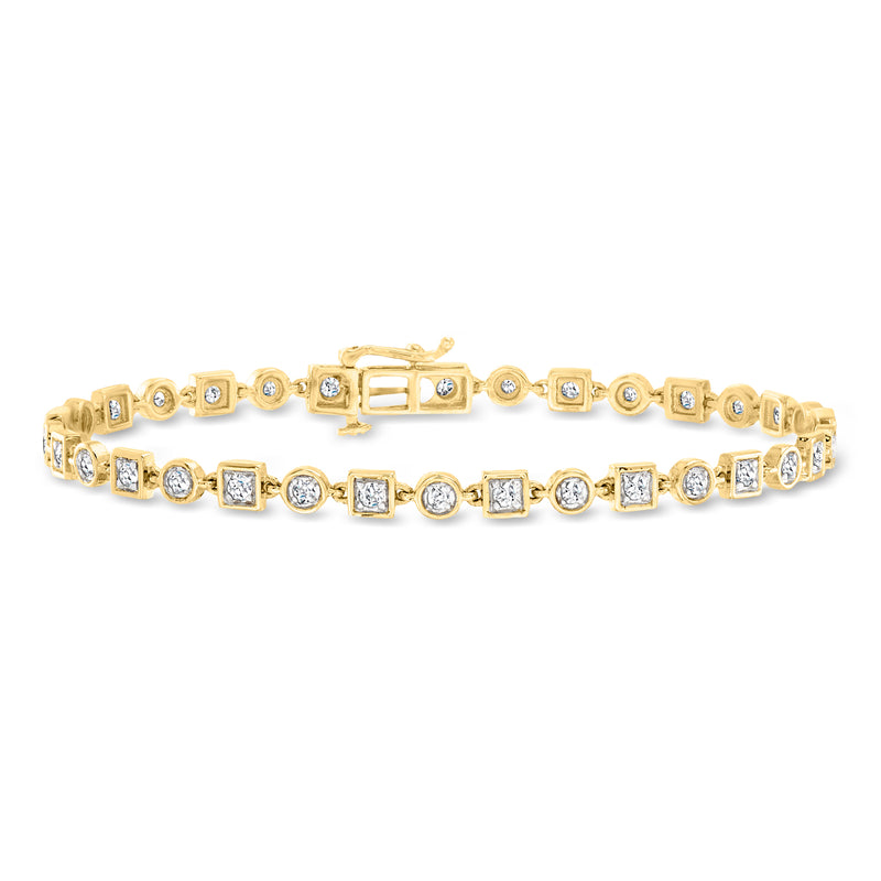 Diamond geometric bracelet in 14kt yellow gold with square and round stones