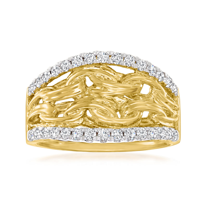 Gold Byzantine-style ring with scalloped diamond halo and raised engraved band