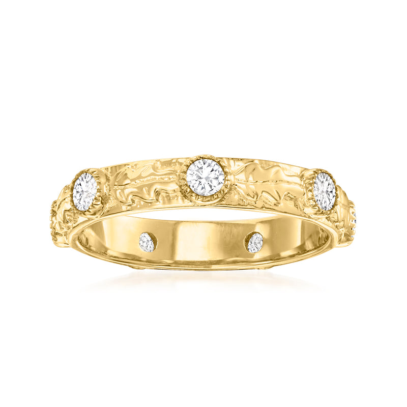 Gold over sterling diamond leaf band ring with round stones on the band and top