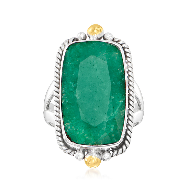 Emerald-cut green gemstone ring in sterling silver with gold-tone bezel accents