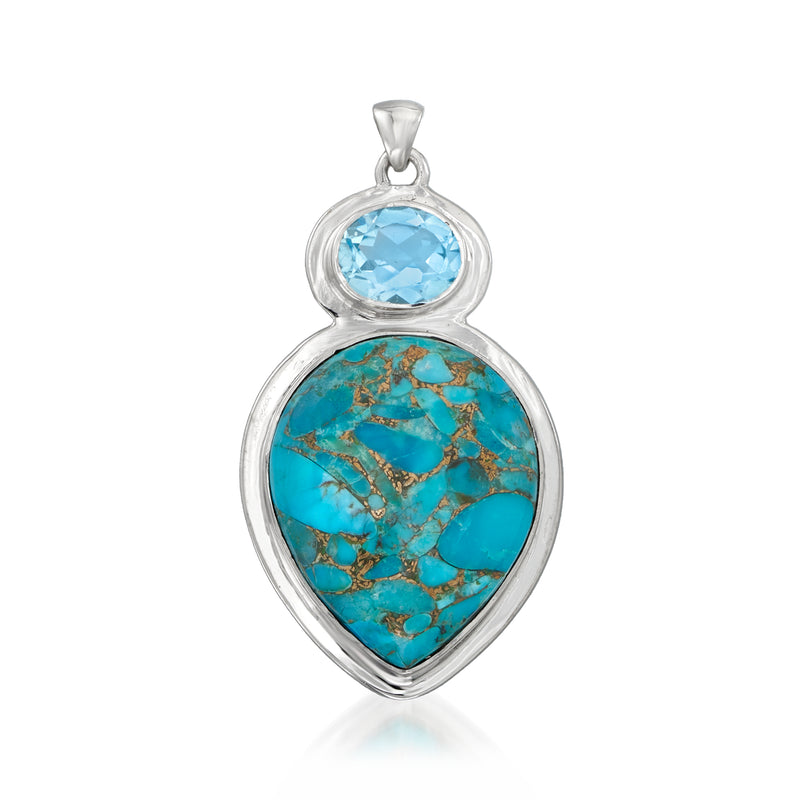 Sterling silver pendant with round sky blue topaz and turquoise teardrop gemstone