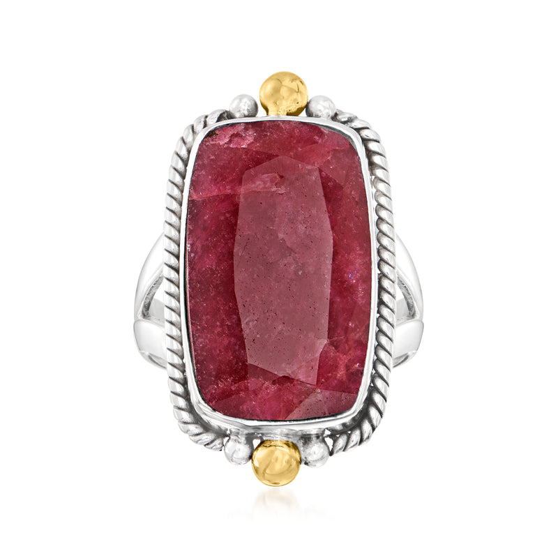 Sterling silver ruby gemstone ring with rope-edged bezel and gold corner accents